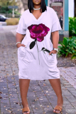 Rose Red Floral Print V Neck Short Sleeve with Pocket Loose Plus Size Casual Outing Midi T-shirt Dress