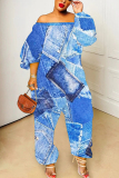 Dark Blue Casual Faux Denim Print  Off Shoulder Long Lantern Sleeve Loose Plus Size Overall Jumpsuits