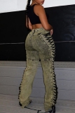 Camel Casual Solid Lace Up Mid Waist Skinny Denim Jeans