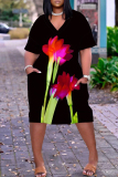 Rose Red Floral Print V Neck Short Sleeve with Pocket Loose Plus Size Casual Outing Midi T-shirt Dress
