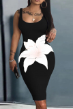 Wine Red Casual Floral Print U Neck Sleeveless Bodycon Midi Vest Dresses