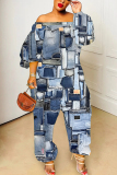 Dark Blue Casual Faux Denim Print  Off Shoulder Long Lantern Sleeve Loose Plus Size Overall Jumpsuits
