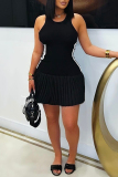 Red Striped Side O Neck Sleeveless Fitted Casual Outing Pleated Mini Dresses