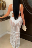 White Lace See-Through Sleeveless Backless Metal Accessories Trim Cut Out Bodycorn Party Club Wear Evening Maxi Slip Dresses