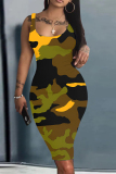Brown Casual Plaid Floral Leopard Print U Neck Sleeveless Bodycon Midi Vest Dresses