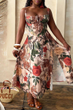Multicolor Floral Print Square Neck Sleeveless Backless Tie-front high Slit Fitted Vacation Long Slip Dresses