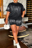 Black Hot Drill Round Neck Short Sleeve t-shirt and Shorts Casual Outing Two Piece Short Sets