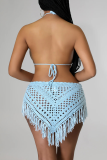 Black Sleeveless Tie-back Halter Bikini Tops and Fringed Trim Mini Skirts Crocheted Vacation Two Piece Dress Sets