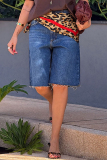 Blue Casual High Waist Straight Loose Fifth Denim Shorts (There Is No Leopard Print Patchwork)