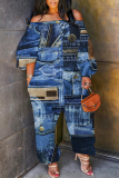 Denim Blue Casual Faux Denim Print Off Shoulder Long Lantern Sleeve Loose Plus Size Overall Jumpsuits