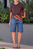 Blue Casual High Waist Straight Loose Fifth Denim Shorts (There Is No Leopard Print Patchwork)