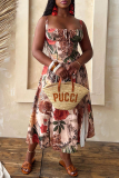 Multicolor Floral Print Square Neck Sleeveless Backless Tie-front high Slit Fitted Vacation Long Slip Dresses