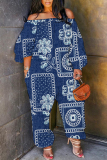 Denim Blue Casual Faux Denim Print Off Shoulder Long Lantern Sleeve Loose Plus Size Overall Jumpsuits