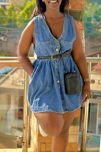 Blue V Neck Sleeveless with Pocket Buttons Casual Outing Loose Denim Vest Mini Dresses (Without Belt)
