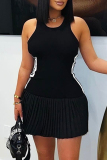 Red Striped Side O Neck Sleeveless Fitted Casual Outing Pleated Mini Dresses
