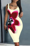 Wine Red Casual Floral Print U Neck Sleeveless Bodycon Midi Vest Dresses