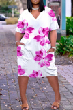 Multicolor Floral Print V Neck Short Sleeve with Pocket Loose Plus Size Casual Outing Midi T-shirt Dress