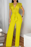 Yellow Lace See-Through V Neck Flutter Sleeve Belted Bodycorn Straight Leg Party Club Wear Jumpsuits