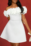 White 3D Flowers Decor Off Shoulder Short Sleeve A Line Fitted Party Club Wear Evening Short Dresses