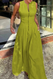 Grass Green Round Neck Sleeveless Zipper up with Pocket A-line  Fitted Casual Outing Vacation Maxi Dresses