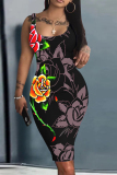 Black Casual Floral Print U Neck Sleeveless Bodycon Midi Vest Dresses