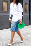 Blue Casual Solid Color Mid Waist Straight Loose Fifth Denim Shorts