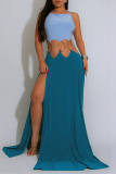 Blue Backless Sleeveless Metal Ring Cut-Out  Waist Side Slit Bodycon Party Club Wear Evening Maxi Slip Dresses