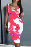 White Casual Floral Print U Neck Sleeveless Bodycon Midi Vest Dresses