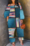 Denim Blue Casual Faux Denim Print Off Shoulder Long Lantern Sleeve Loose Plus Size Overall Jumpsuits