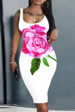 Wine Red Casual Floral Print U Neck Sleeveless Bodycon Midi Vest Dresses