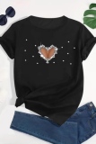 Black Casual Heart Print O Neck Short Sleeve Plus Size T-shirts Tops
