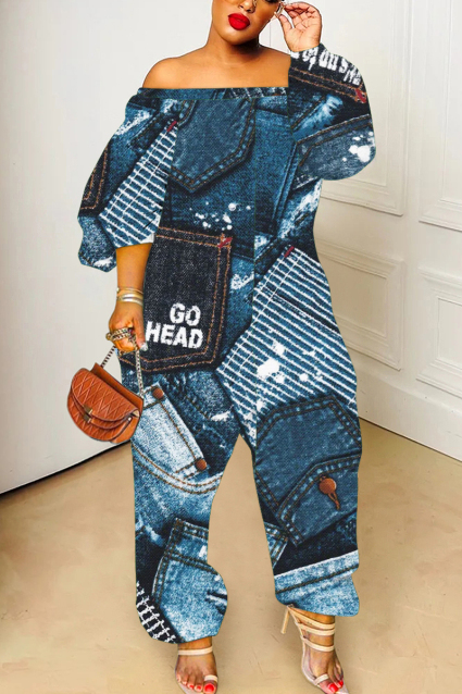 Dark Blue Casual Faux Denim Print  Off Shoulder Long Lantern Sleeve Loose Plus Size Overall Jumpsuits