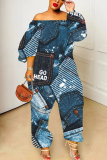 Dark Blue Casual Faux Denim Print  Off Shoulder Long Lantern Sleeve Loose Plus Size Overall Jumpsuits