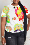 Multicolor Casual African Floral Print Round Neck Short Sleeve Plus Size T-Shirts Tops