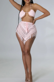 Black Sleeveless Tie-back Halter Bikini Tops and Fringed Trim Mini Skirts Crocheted Vacation Two Piece Dress Sets