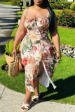 Multicolor Floral Print Square Neck Sleeveless Backless Tie-front high Slit Fitted Vacation Long Slip Dresses