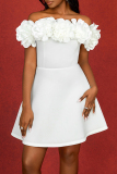 White 3D Flowers Decor Off Shoulder Short Sleeve A Line Fitted Party Club Wear Evening Short Dresses