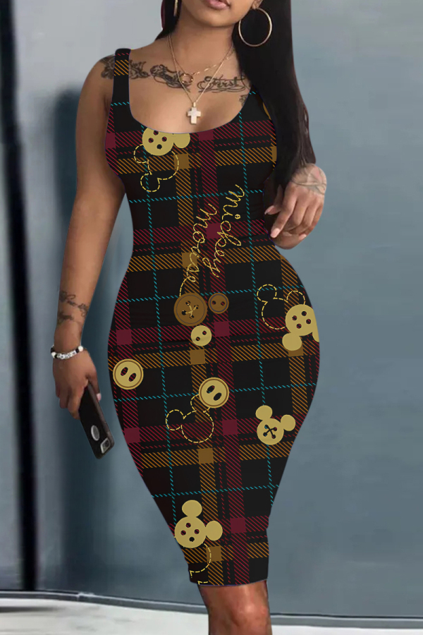 Brown Casual Plaid Floral Leopard Print U Neck Sleeveless Bodycon Midi Vest Dresses