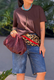 Blue Casual High Waist Straight Loose Fifth Denim Shorts (There Is No Leopard Print Patchwork)