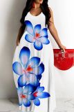 White Floral Print Sleeveless Backless Fitted Casual Vacation Maxi Slip Dresses