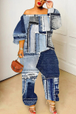 Dark Blue Casual Faux Denim Print  Off Shoulder Long Lantern Sleeve Loose Plus Size Overall Jumpsuits