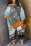 Denim Blue Casual Faux Denim Print Off Shoulder Long Lantern Sleeve Loose Plus Size Overall Jumpsuits