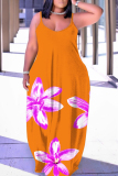Orange Floral Print Sleeveless Backless Loose Casual Vacation Maxi Slip Dresses