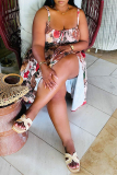 Multicolor Floral Print Square Neck Sleeveless Backless Tie-front high Slit Fitted Vacation Long Slip Dresses