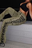 Camel Casual Solid Lace Up Mid Waist Skinny Denim Jeans