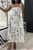 Light Brown Abstract Print Sleeveless Lace up with Pocket A-line Casual Vacation Long Slip Dresses