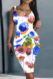 Black Casual Floral Print U Neck Sleeveless Bodycon Midi Vest Dresses