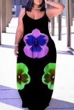 Orange Floral Print Sleeveless Backless Loose Casual Vacation Maxi Slip Dresses