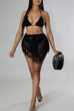 Black Sleeveless Tie-back Halter Bikini Tops and Fringed Trim Mini Skirts Crocheted Vacation Two Piece Dress Sets