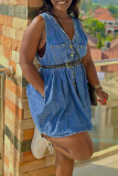 Blue V Neck Sleeveless with Pocket Buttons Casual Outing Loose Denim Vest Mini Dresses (Without Belt)